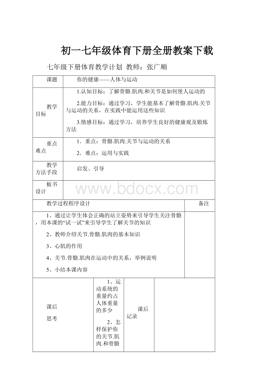 初一七年级体育下册全册教案下载.docx