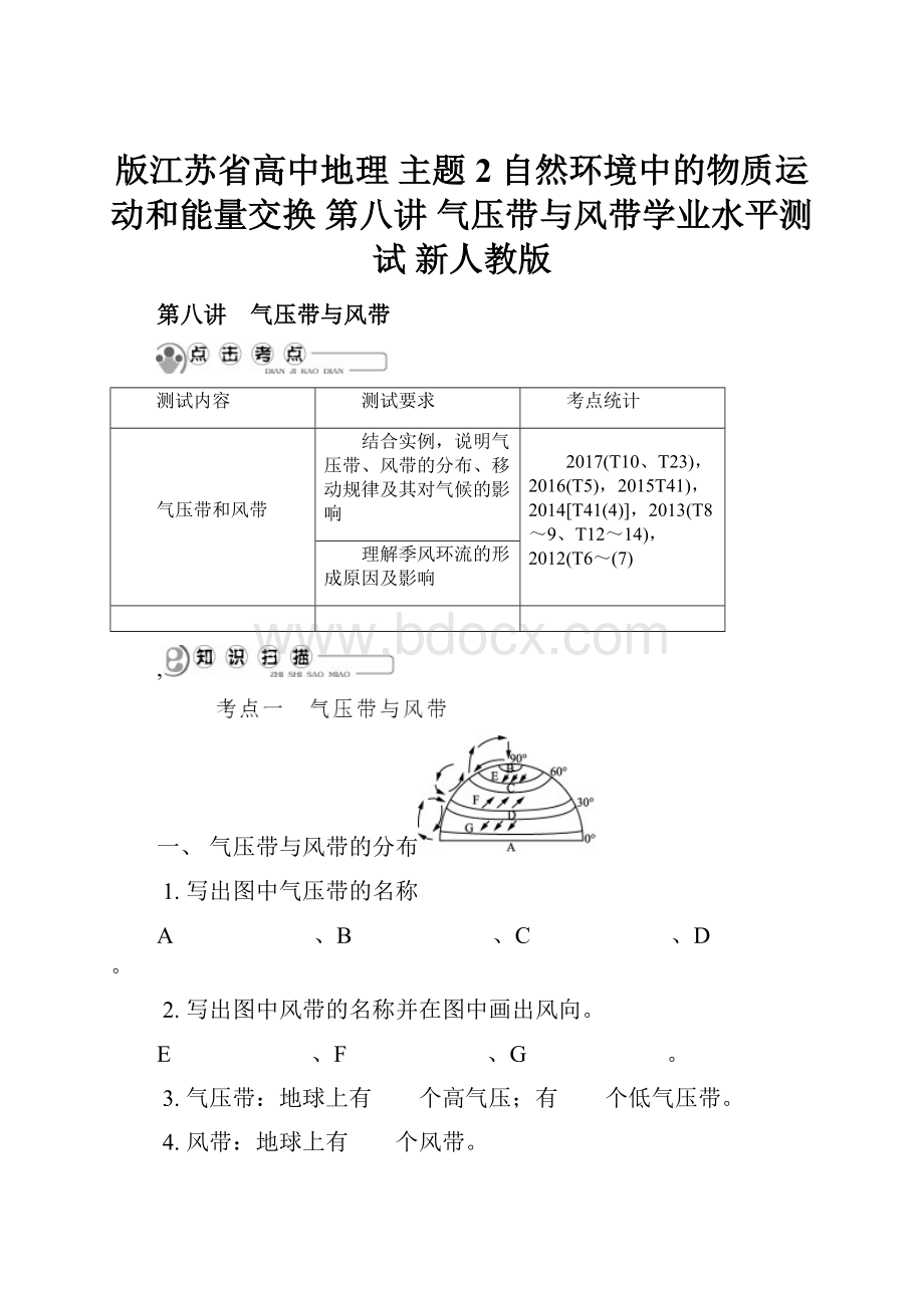 版江苏省高中地理 主题2 自然环境中的物质运动和能量交换 第八讲 气压带与风带学业水平测试 新人教版.docx