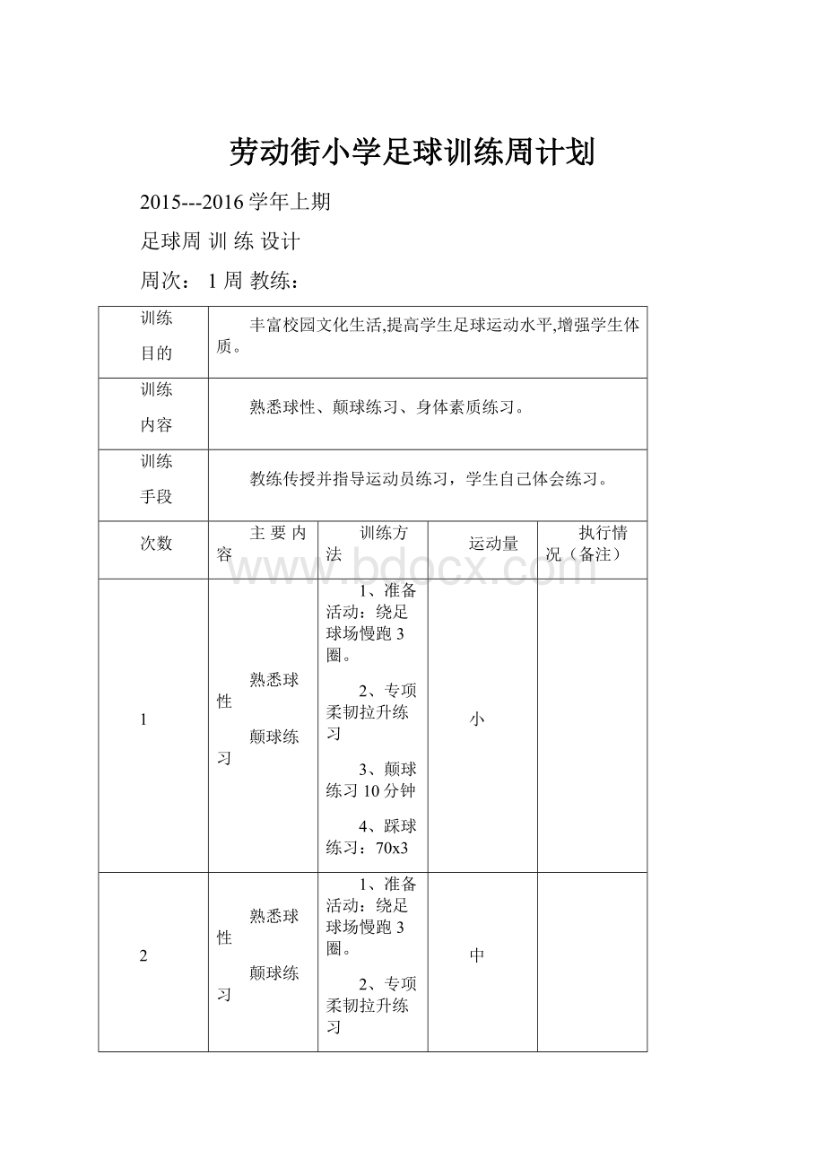 劳动街小学足球训练周计划.docx