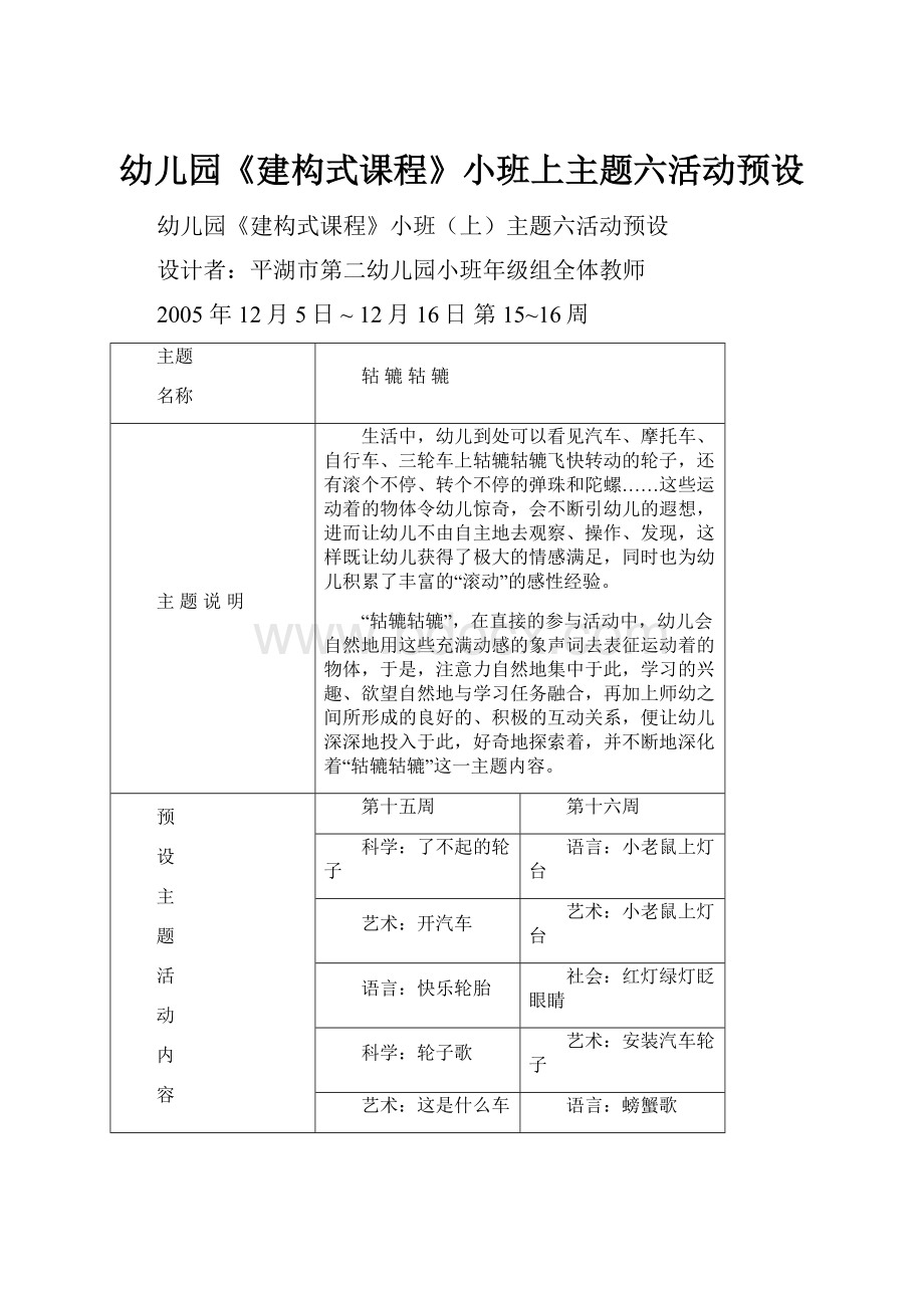 幼儿园《建构式课程》小班上主题六活动预设.docx