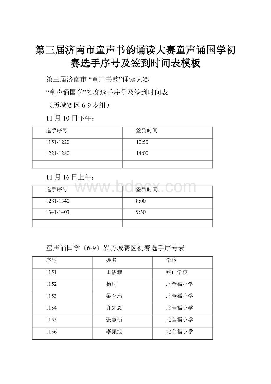 第三届济南市童声书韵诵读大赛童声诵国学初赛选手序号及签到时间表模板.docx