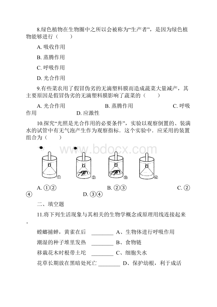 学年济南版七年级上册生物 213绿色植物的光合作用 同步测试无答案.docx_第3页