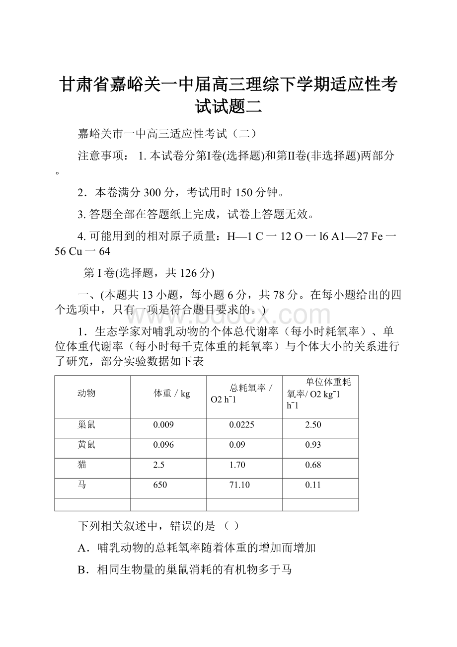 甘肃省嘉峪关一中届高三理综下学期适应性考试试题二.docx