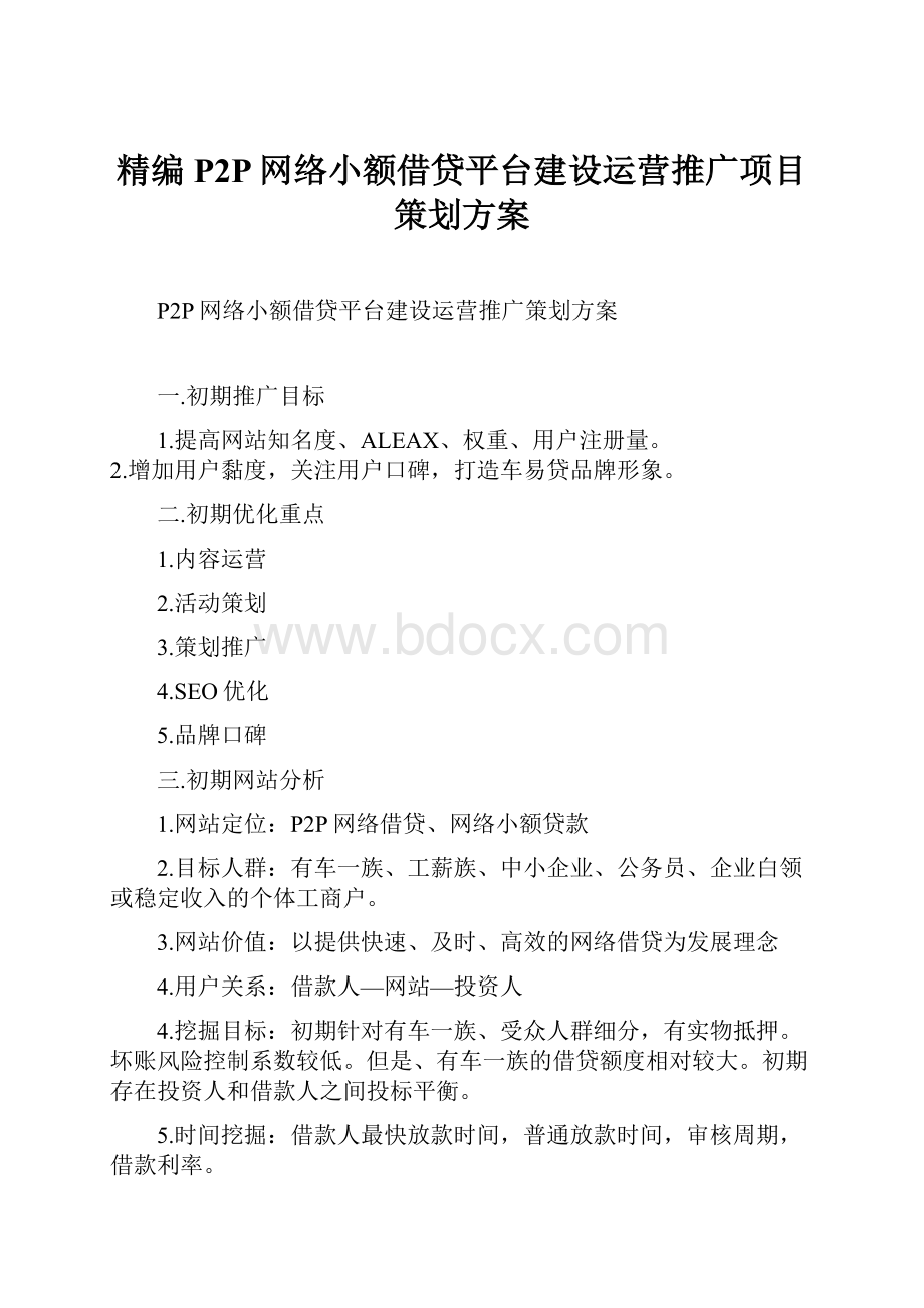 精编P2P网络小额借贷平台建设运营推广项目策划方案.docx