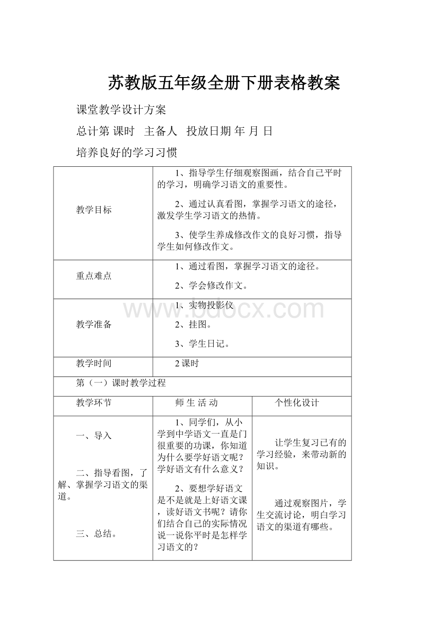 苏教版五年级全册下册表格教案.docx