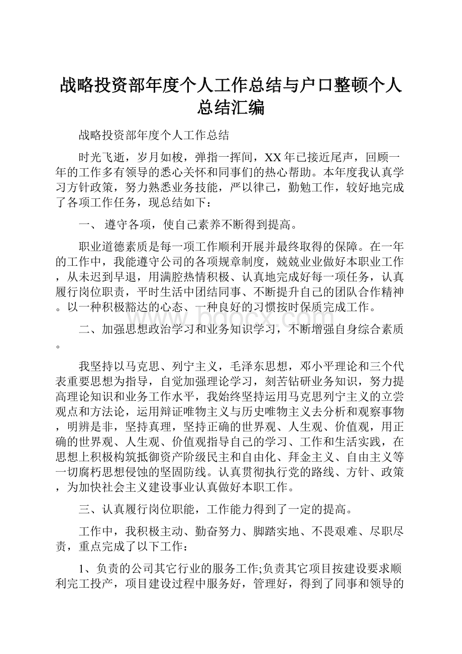 战略投资部年度个人工作总结与户口整顿个人总结汇编.docx