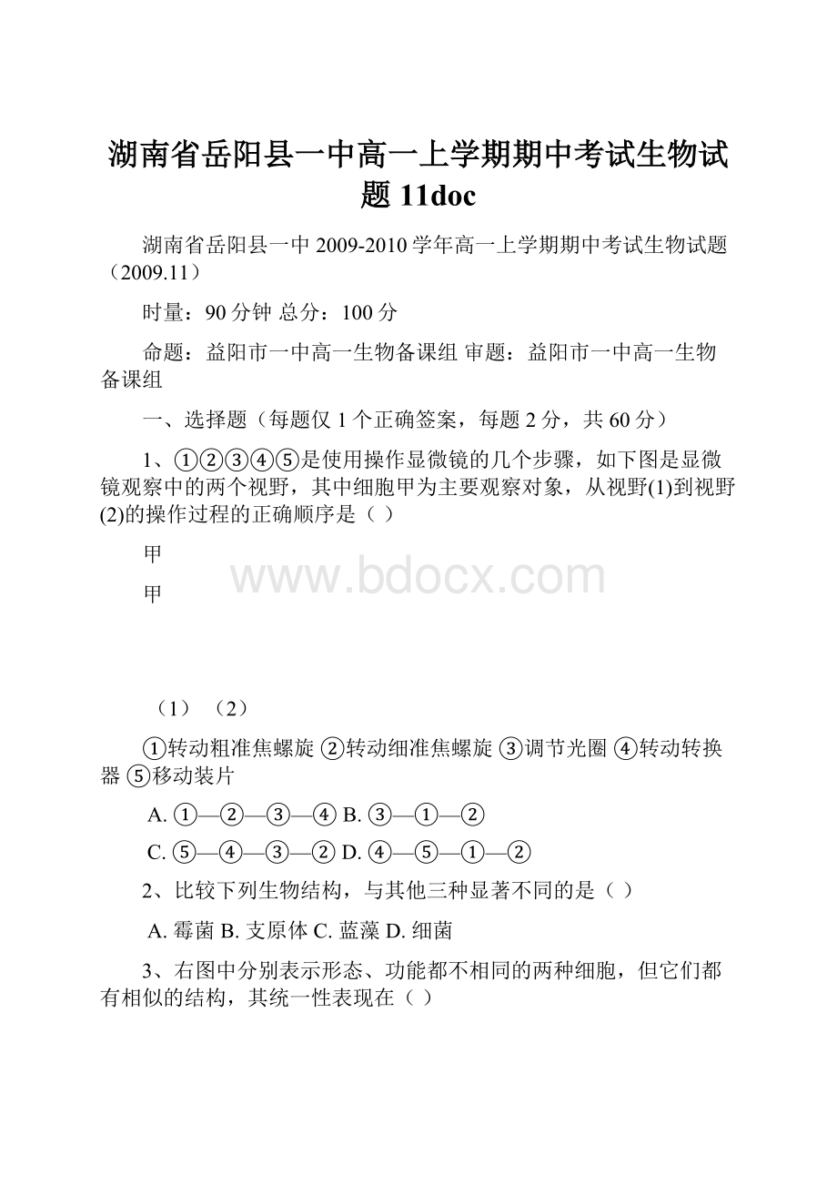 湖南省岳阳县一中高一上学期期中考试生物试题11doc.docx