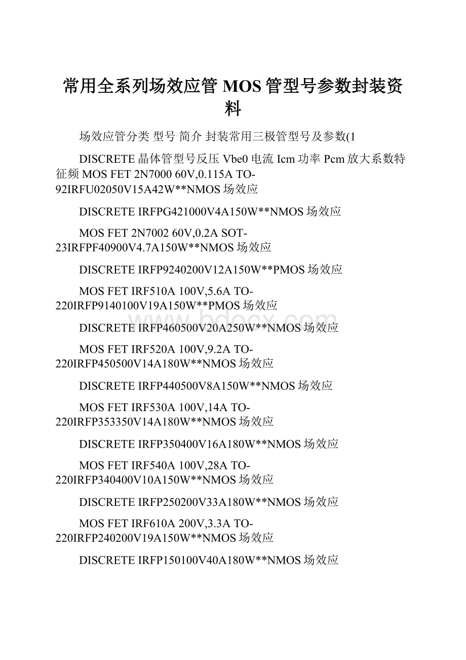 常用全系列场效应管 MOS管型号参数封装资料.docx_第1页