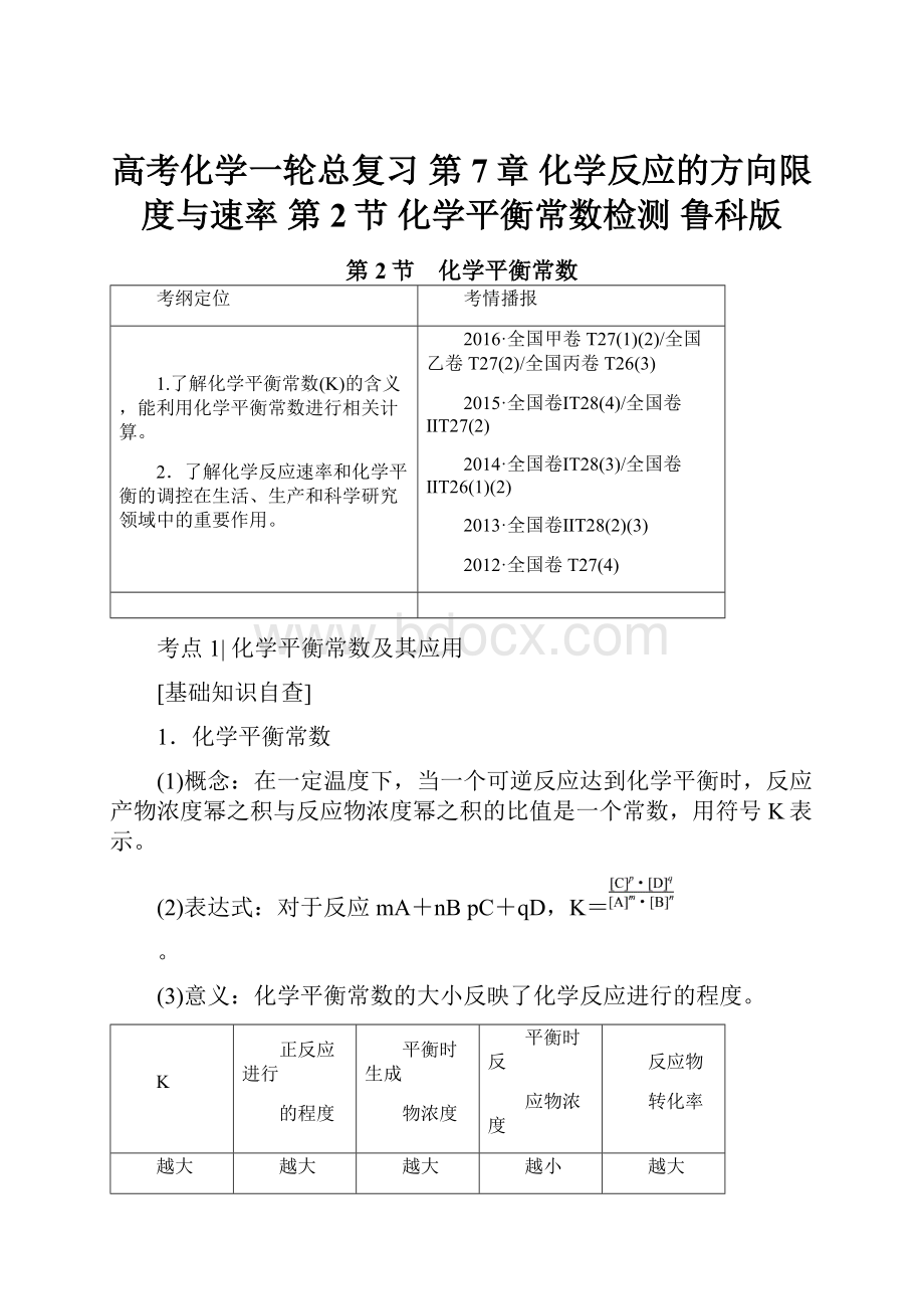 高考化学一轮总复习 第7章 化学反应的方向限度与速率 第2节 化学平衡常数检测 鲁科版.docx_第1页