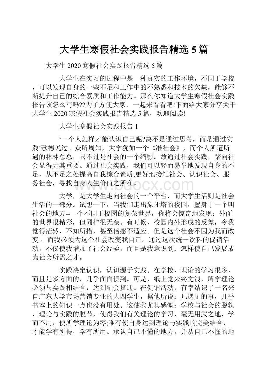 大学生寒假社会实践报告精选5篇.docx_第1页