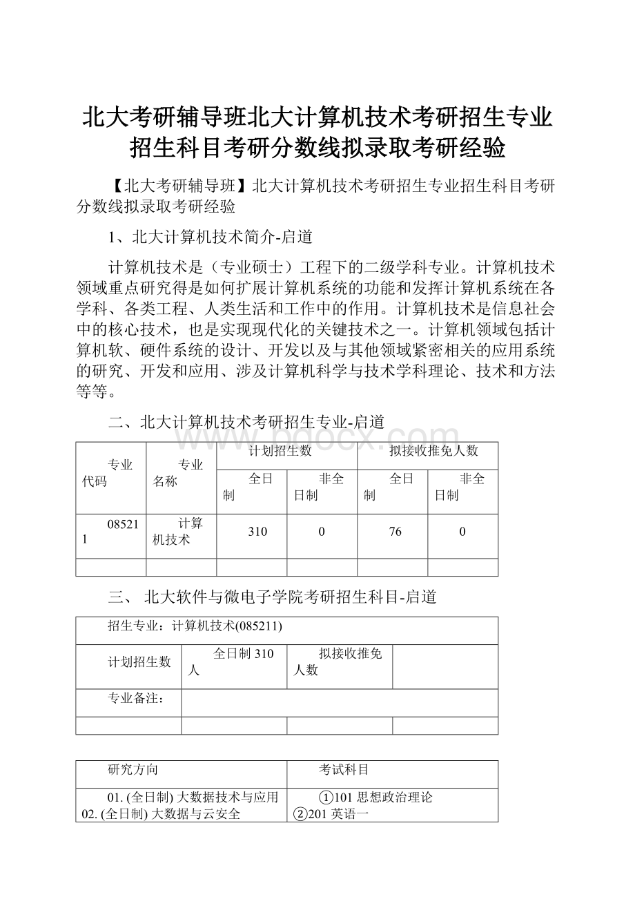 北大考研辅导班北大计算机技术考研招生专业招生科目考研分数线拟录取考研经验.docx_第1页