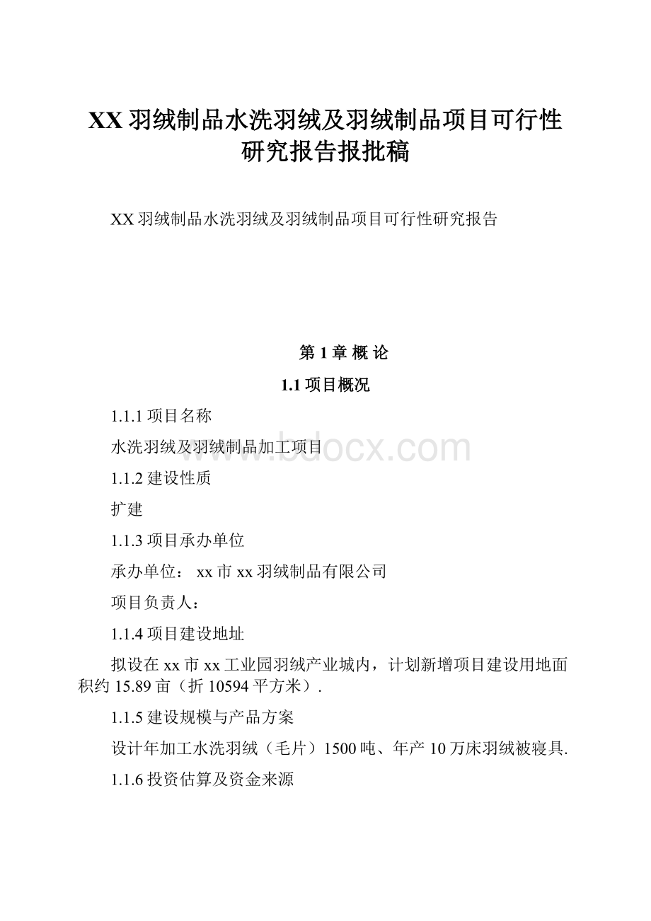 XX羽绒制品水洗羽绒及羽绒制品项目可行性研究报告报批稿.docx