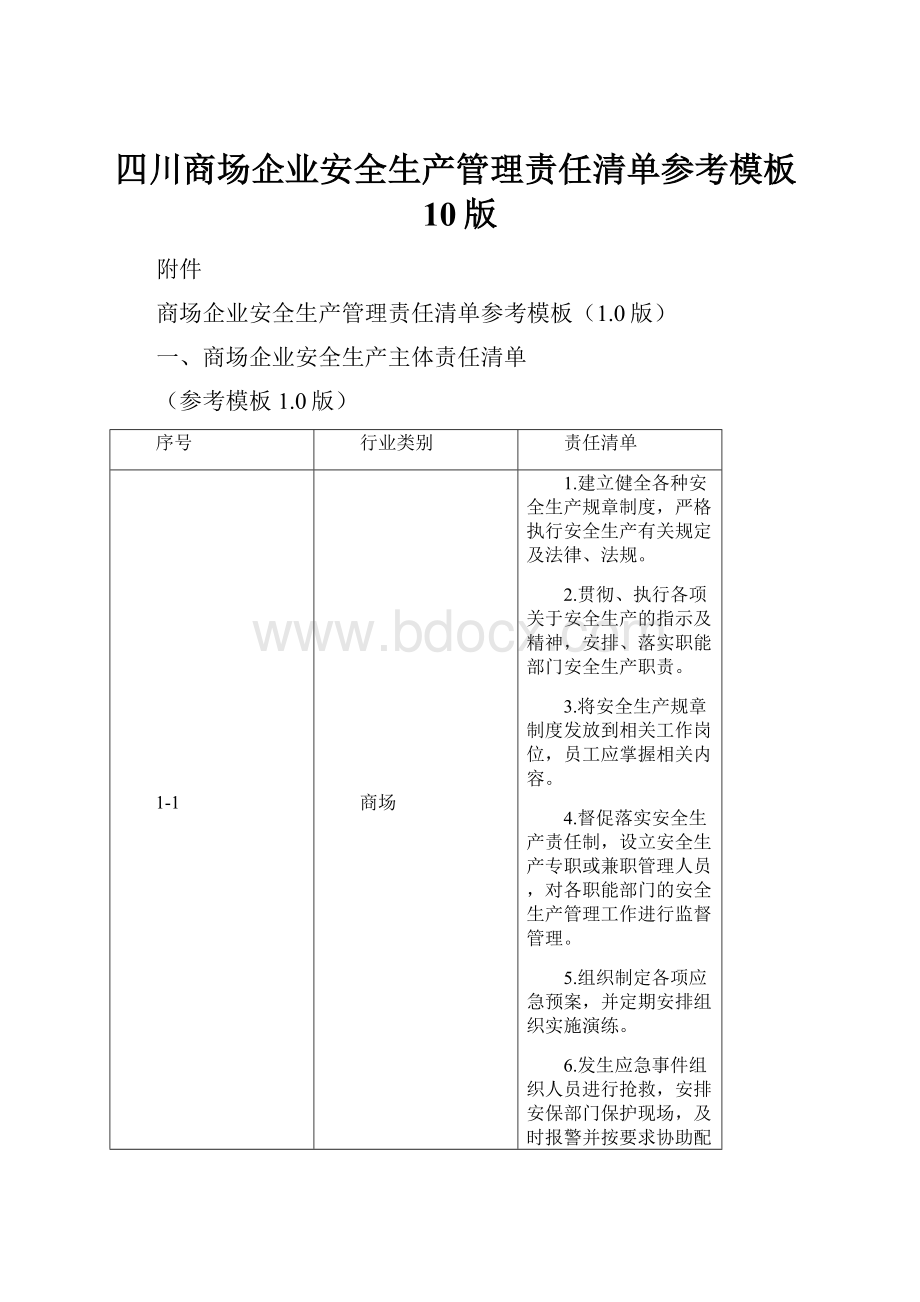 四川商场企业安全生产管理责任清单参考模板10版.docx