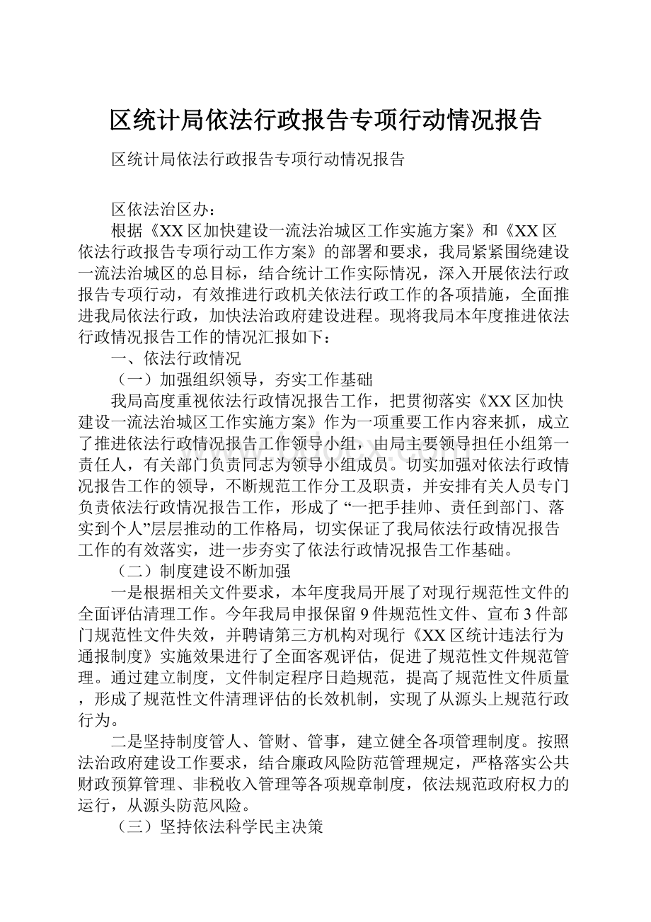 区统计局依法行政报告专项行动情况报告.docx_第1页