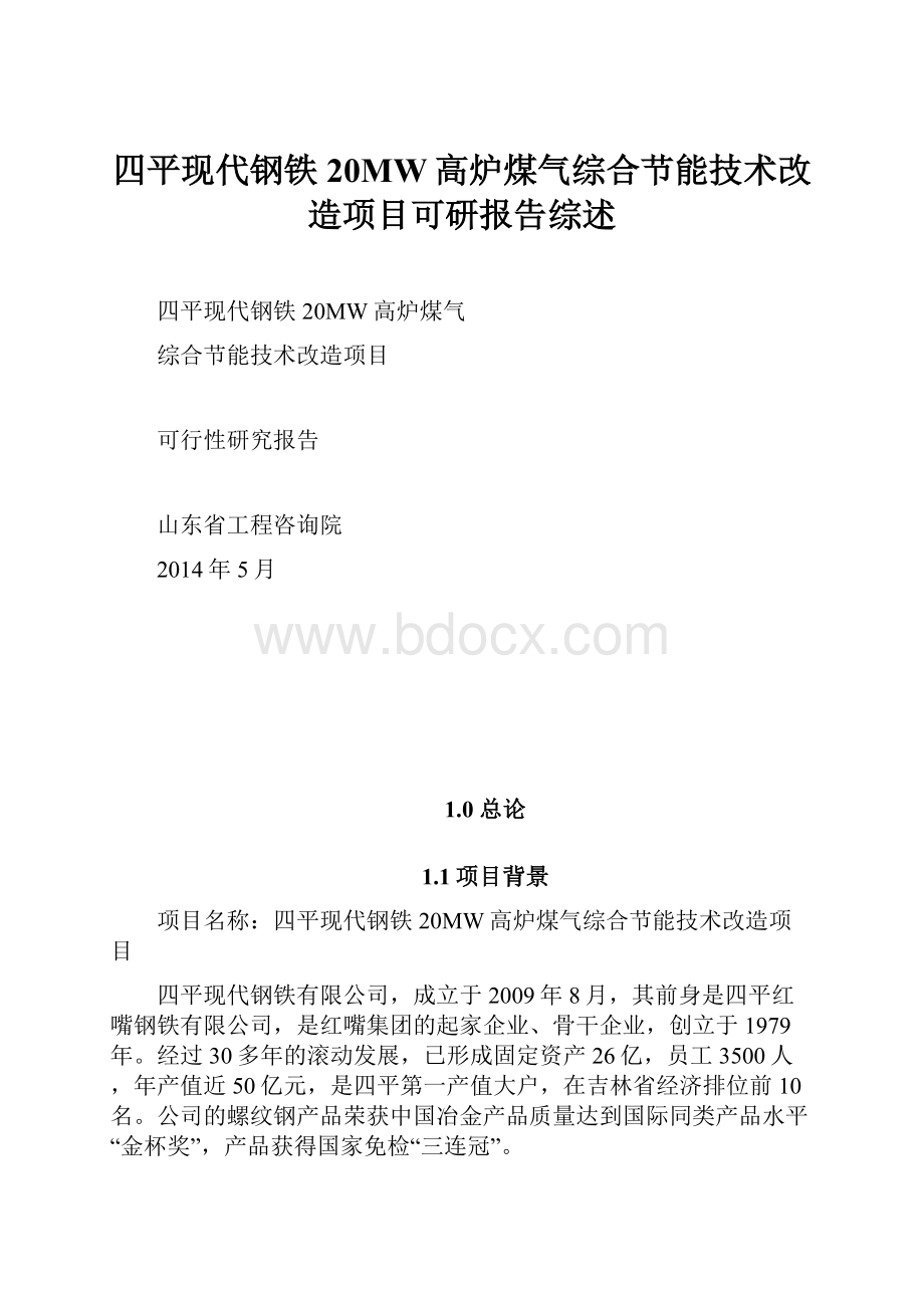 四平现代钢铁20MW高炉煤气综合节能技术改造项目可研报告综述.docx_第1页