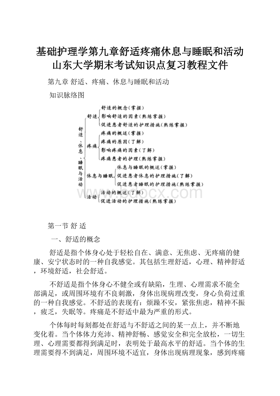 基础护理学第九章舒适疼痛休息与睡眠和活动山东大学期末考试知识点复习教程文件.docx