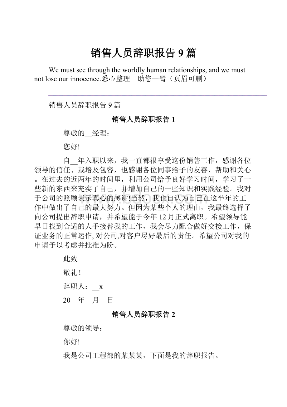 销售人员辞职报告9篇.docx