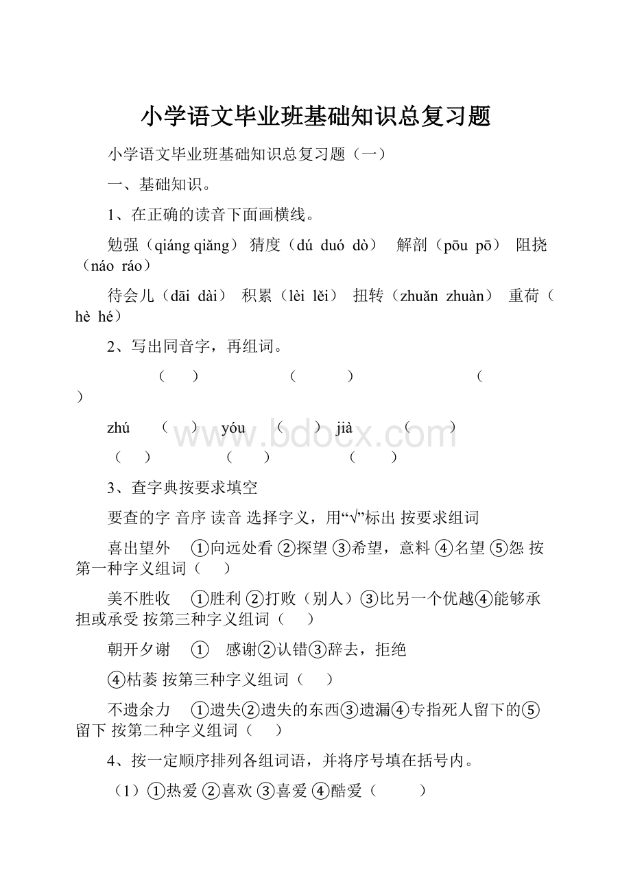 小学语文毕业班基础知识总复习题.docx