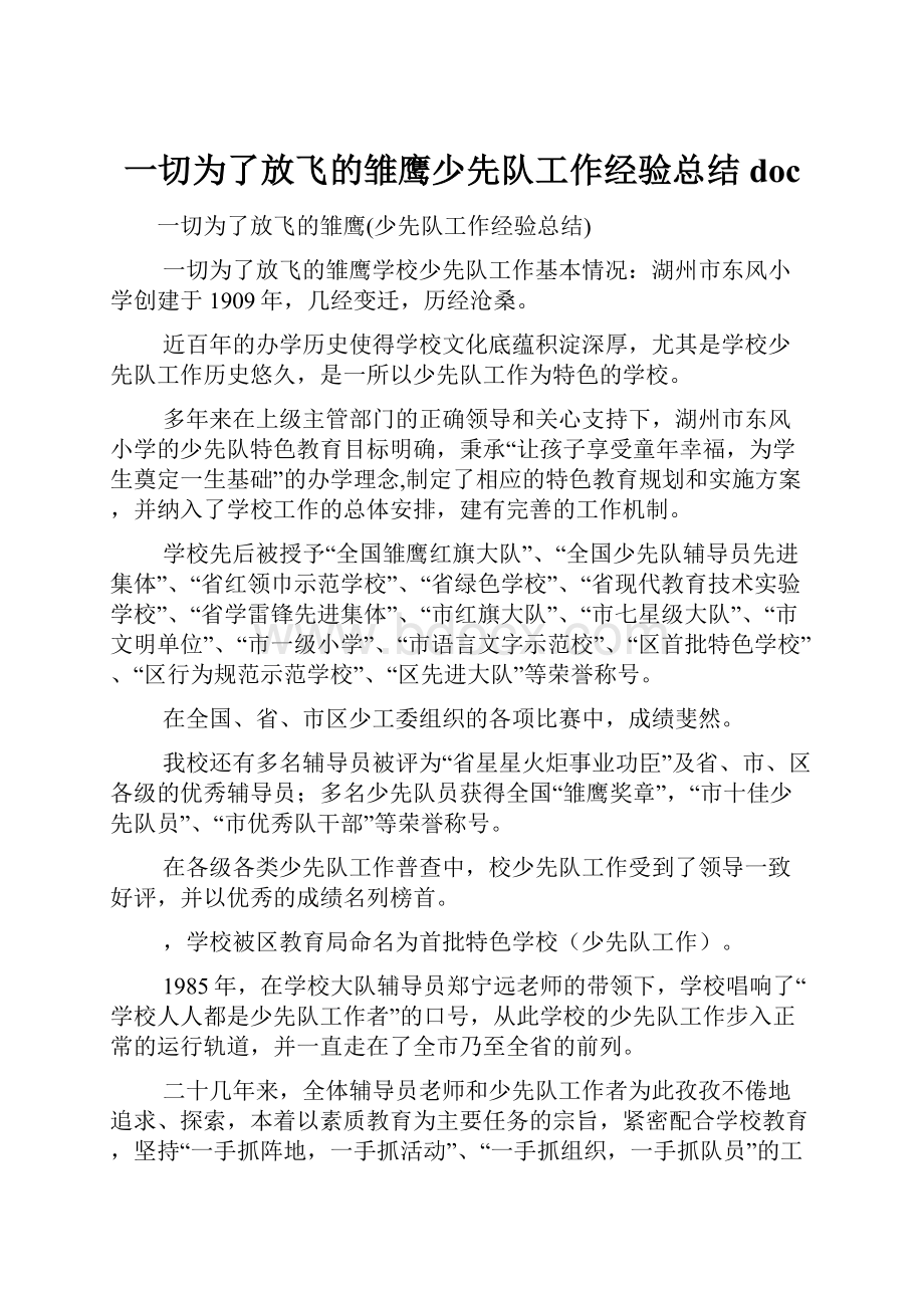 一切为了放飞的雏鹰少先队工作经验总结doc.docx_第1页