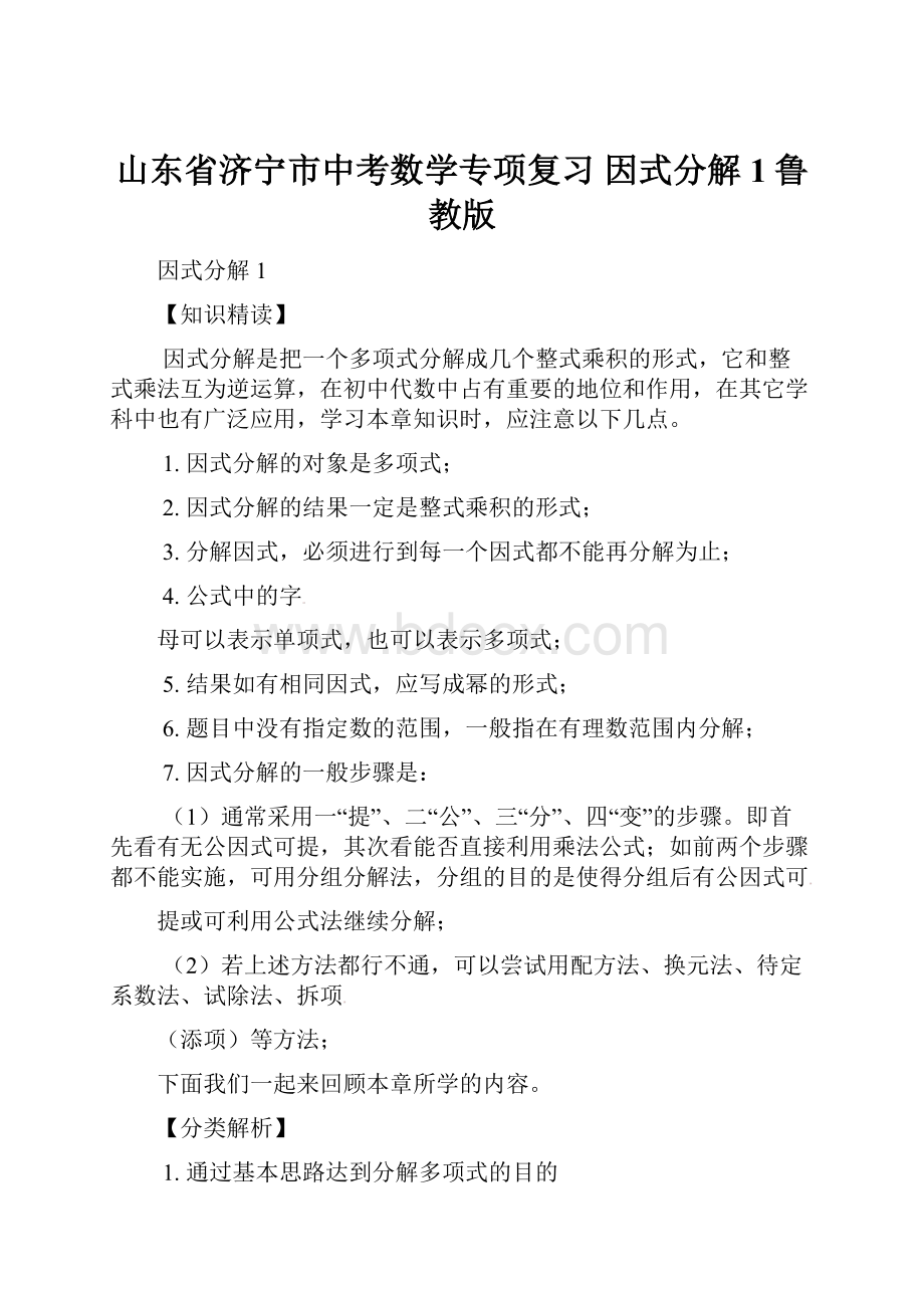 山东省济宁市中考数学专项复习 因式分解1鲁教版.docx