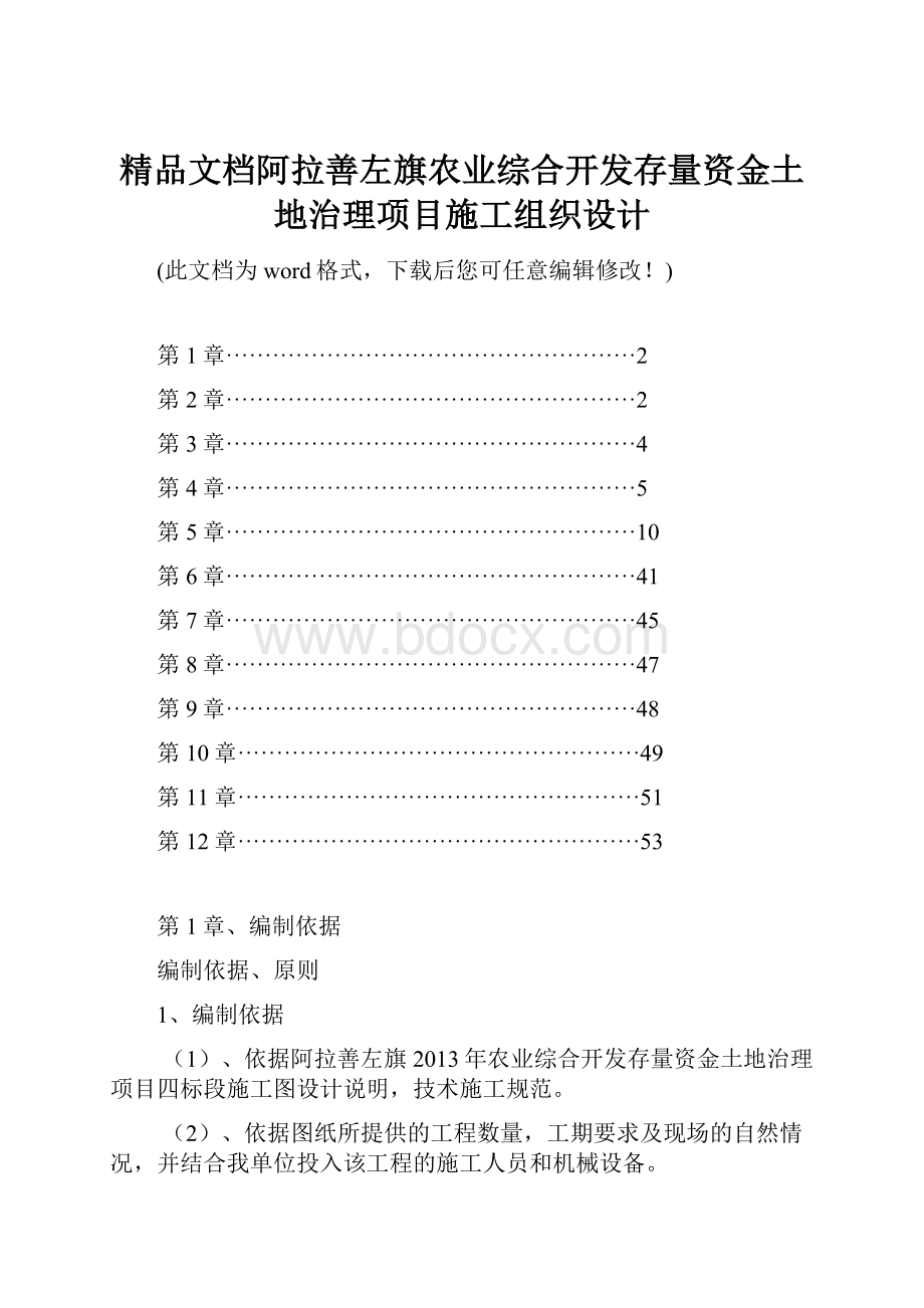 精品文档阿拉善左旗农业综合开发存量资金土地治理项目施工组织设计.docx