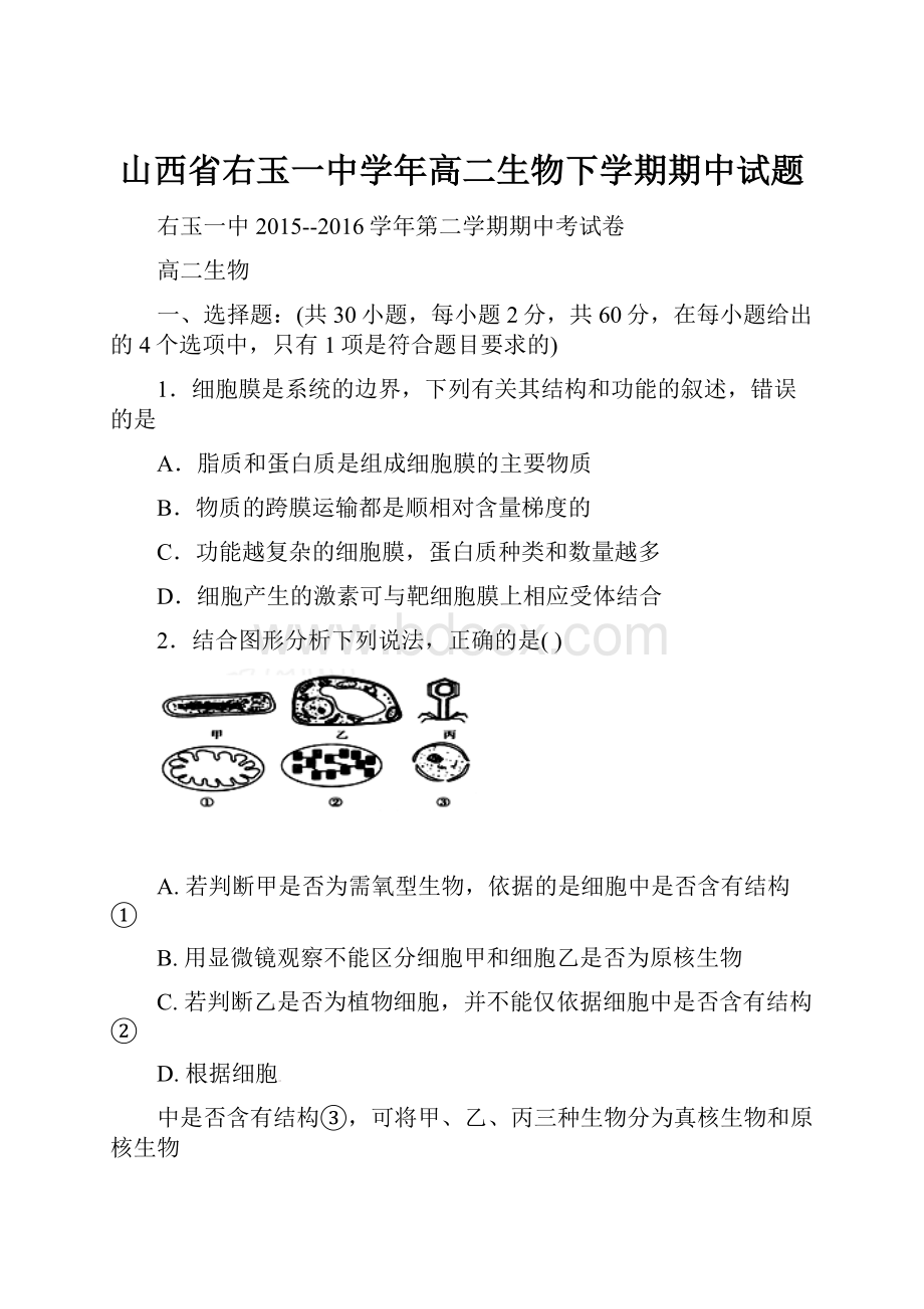 山西省右玉一中学年高二生物下学期期中试题.docx