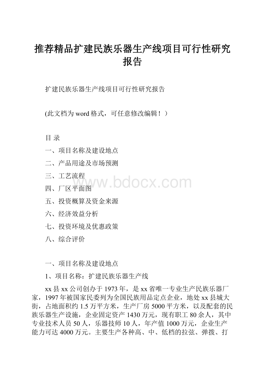 推荐精品扩建民族乐器生产线项目可行性研究报告.docx_第1页