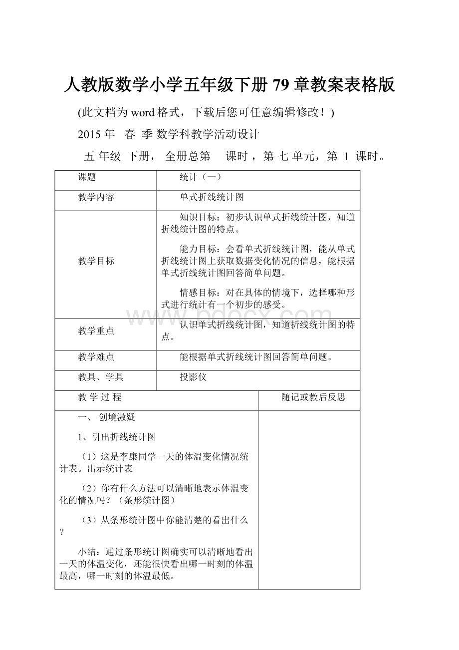 人教版数学小学五年级下册79章教案表格版.docx