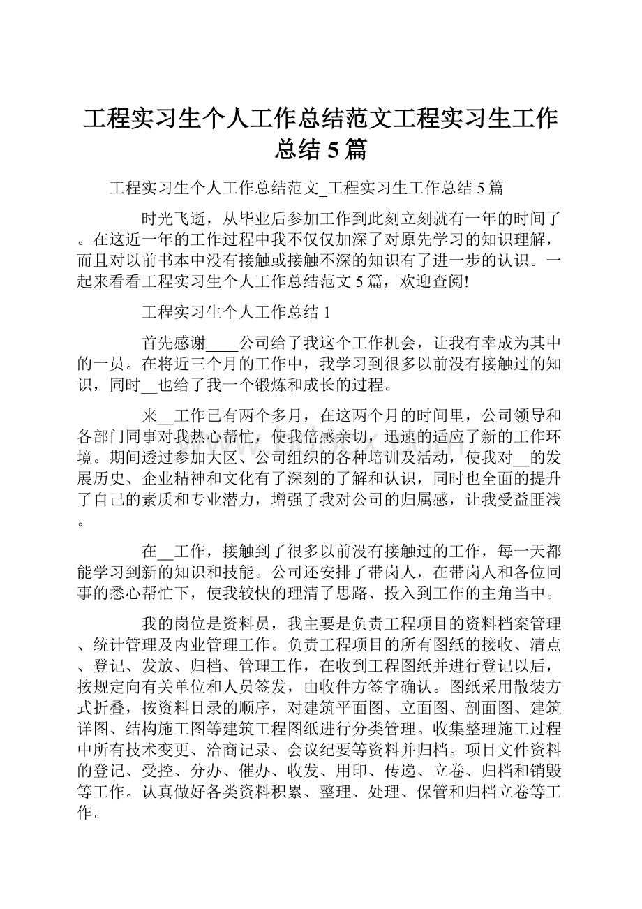 工程实习生个人工作总结范文工程实习生工作总结5篇.docx_第1页