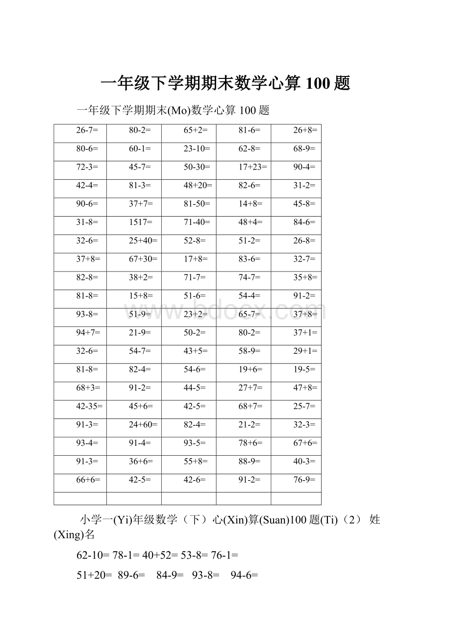 一年级下学期期末数学心算100题.docx