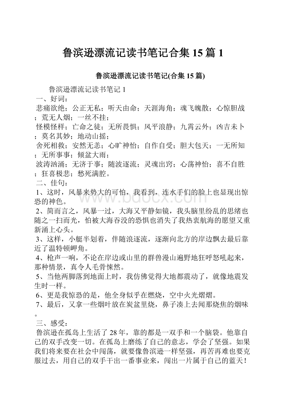 鲁滨逊漂流记读书笔记合集15篇1.docx