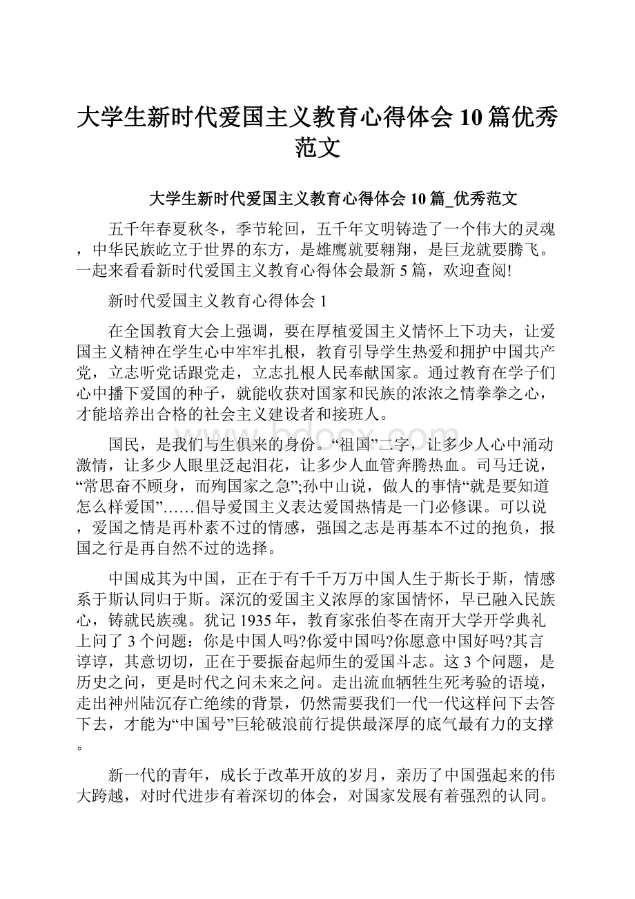 大学生新时代爱国主义教育心得体会10篇优秀范文.docx