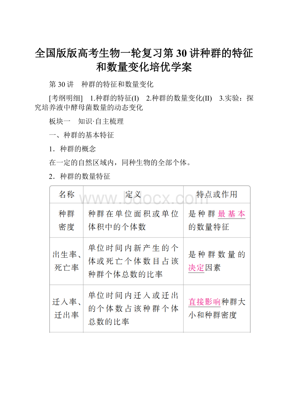 全国版版高考生物一轮复习第30讲种群的特征和数量变化培优学案.docx_第1页