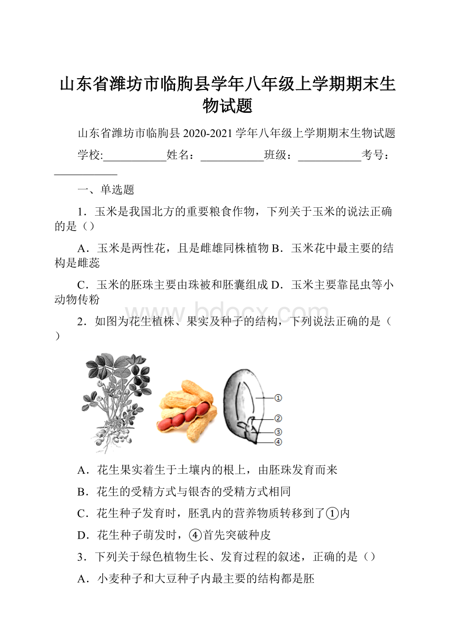 山东省潍坊市临朐县学年八年级上学期期末生物试题.docx_第1页