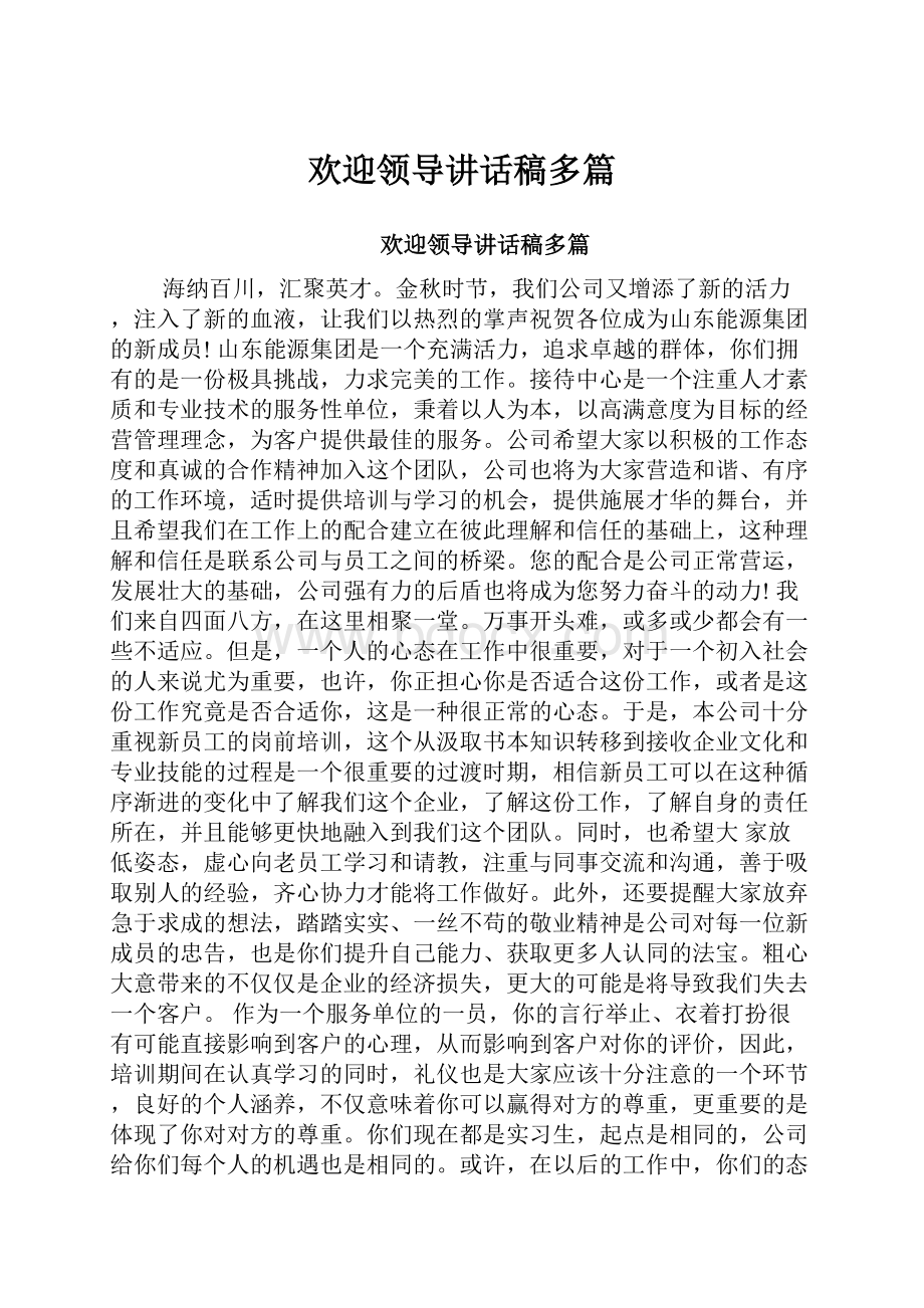 欢迎领导讲话稿多篇.docx