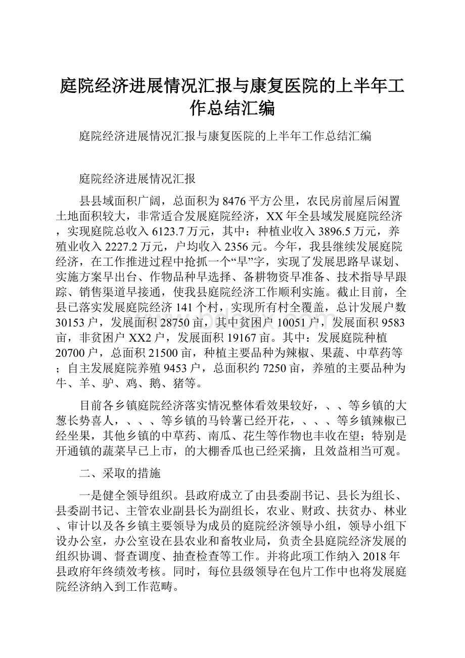 庭院经济进展情况汇报与康复医院的上半年工作总结汇编.docx