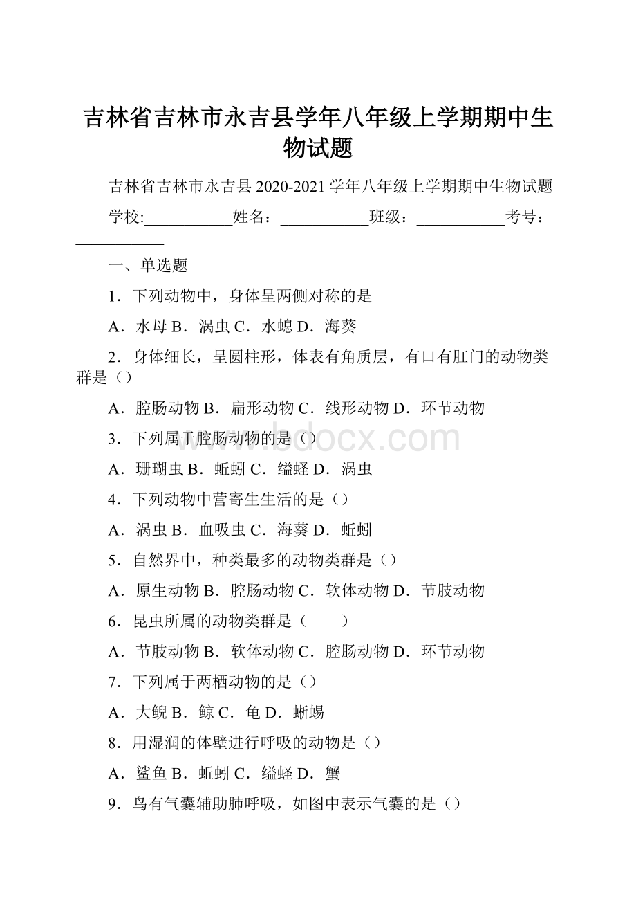 吉林省吉林市永吉县学年八年级上学期期中生物试题.docx