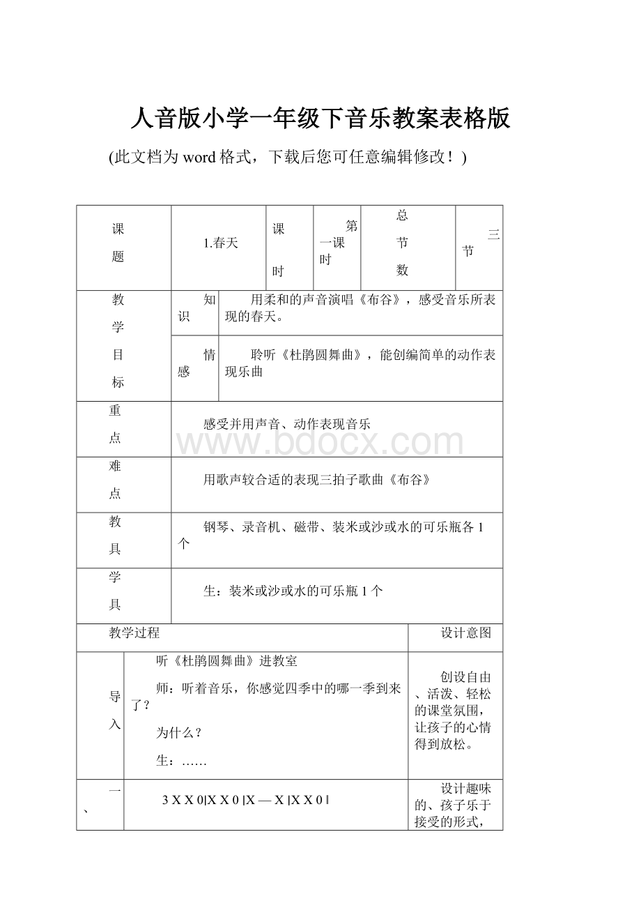 人音版小学一年级下音乐教案表格版.docx_第1页