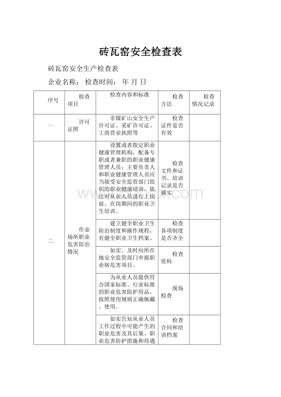 砖瓦窑安全检查表.docx