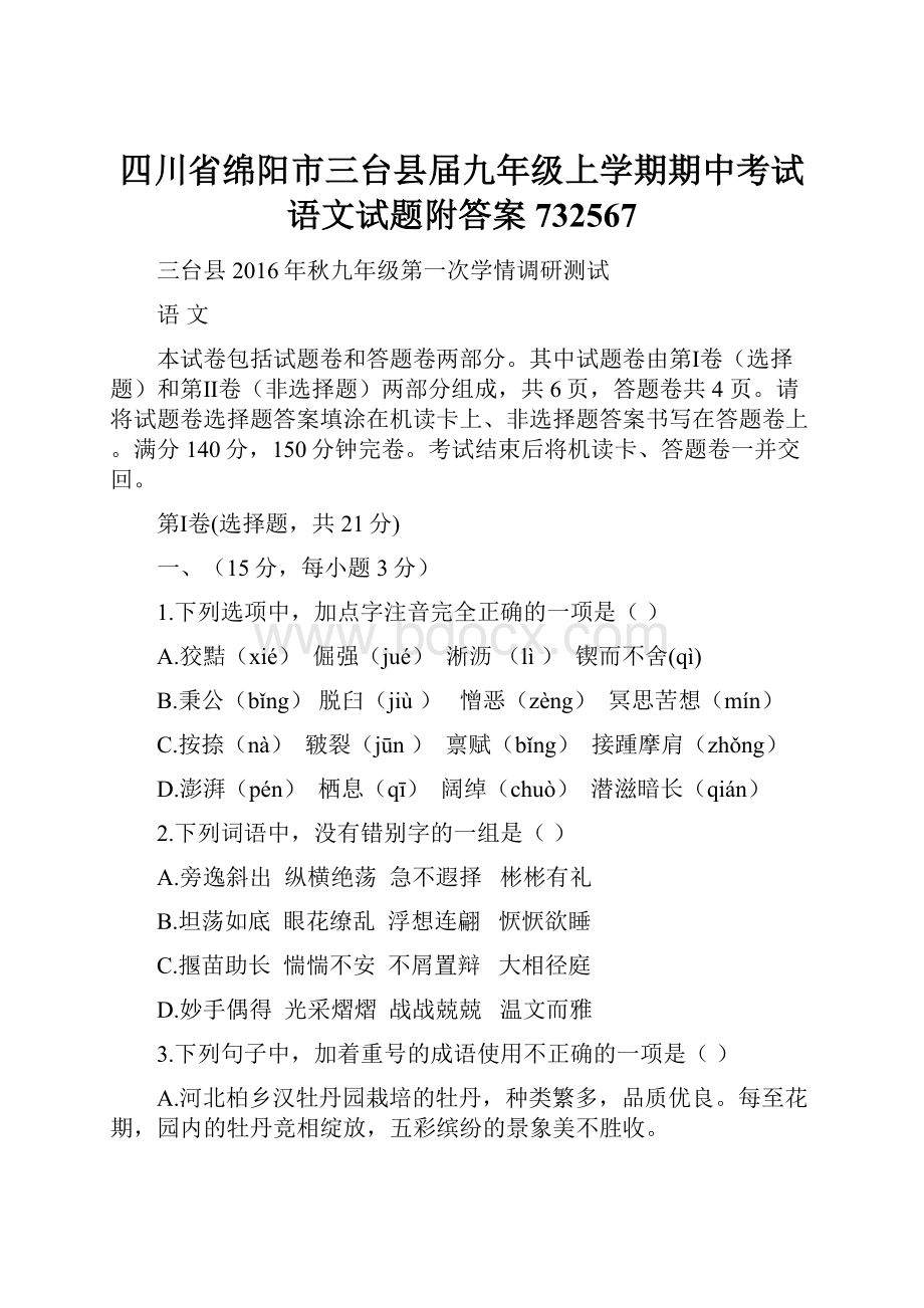 四川省绵阳市三台县届九年级上学期期中考试语文试题附答案732567.docx