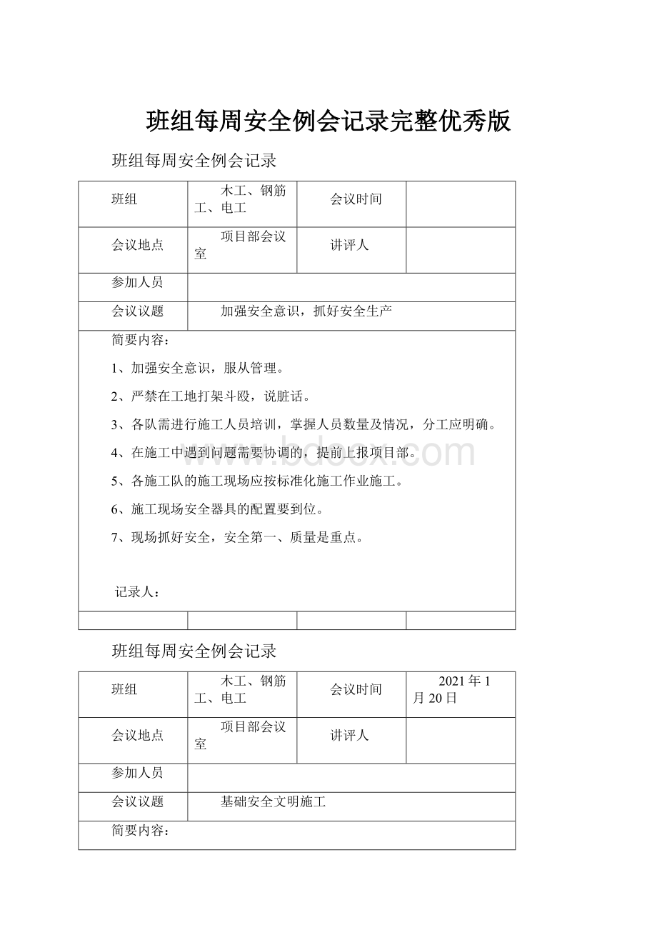 班组每周安全例会记录完整优秀版.docx_第1页