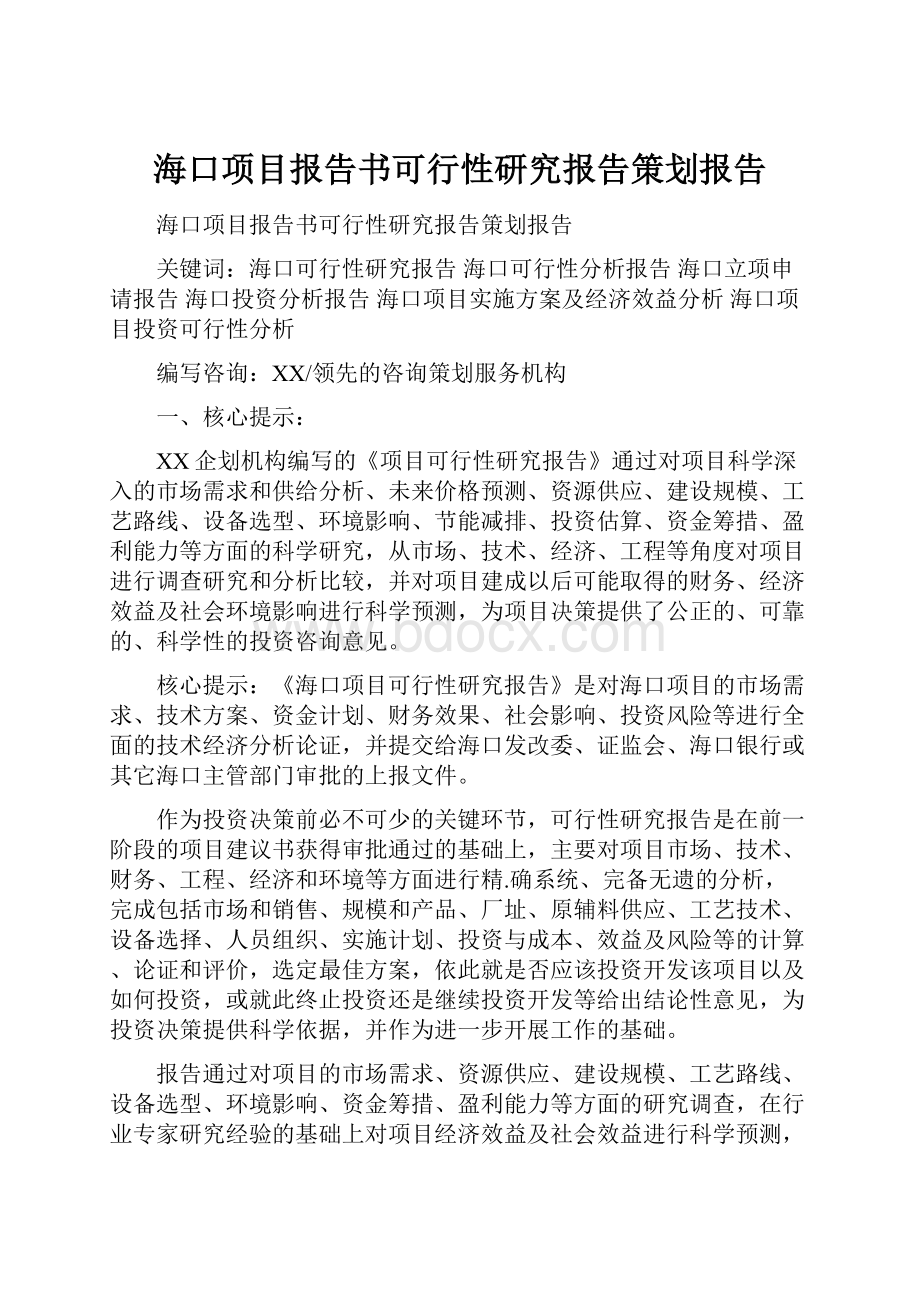 海口项目报告书可行性研究报告策划报告.docx_第1页