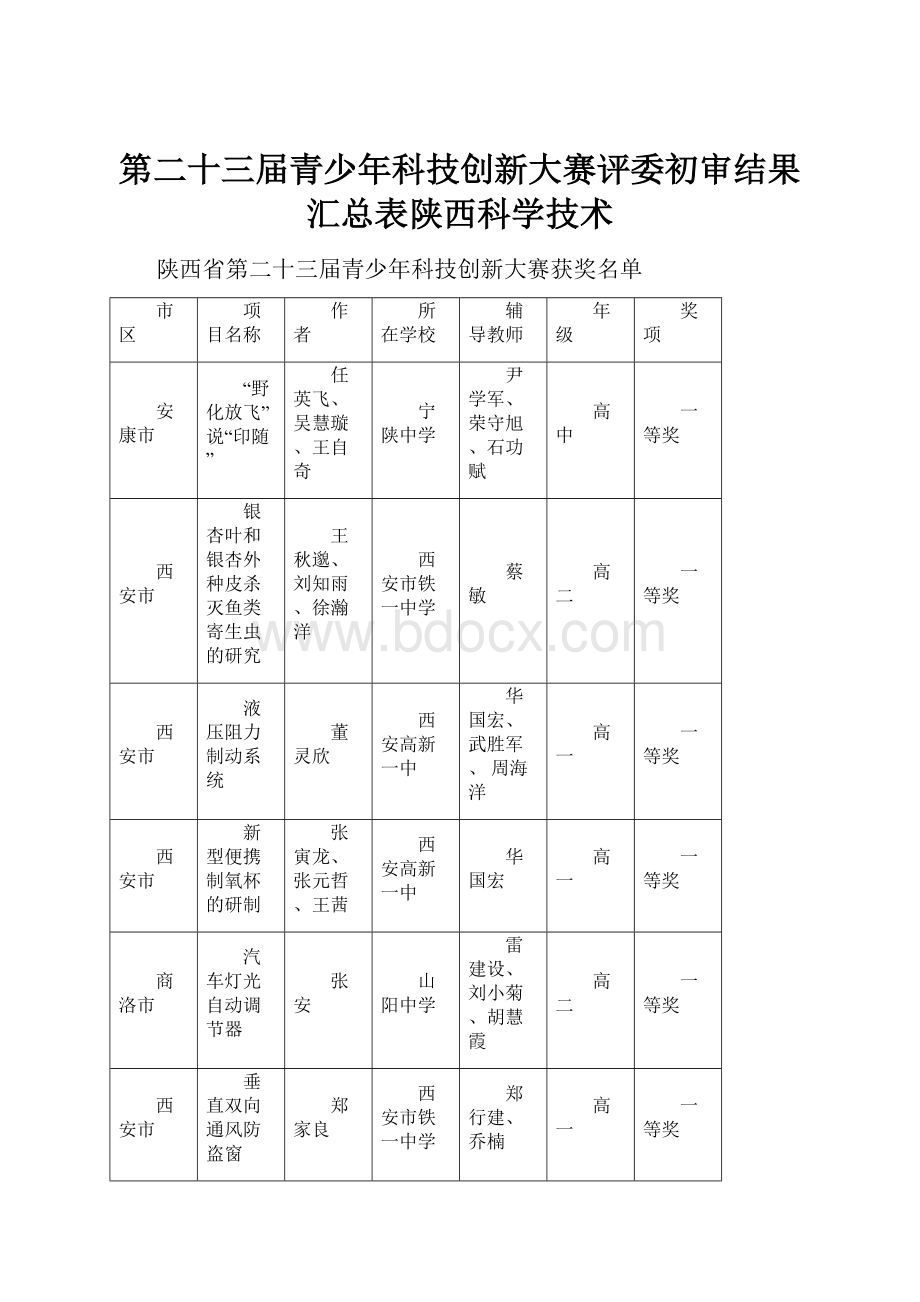 第二十三届青少年科技创新大赛评委初审结果汇总表陕西科学技术.docx