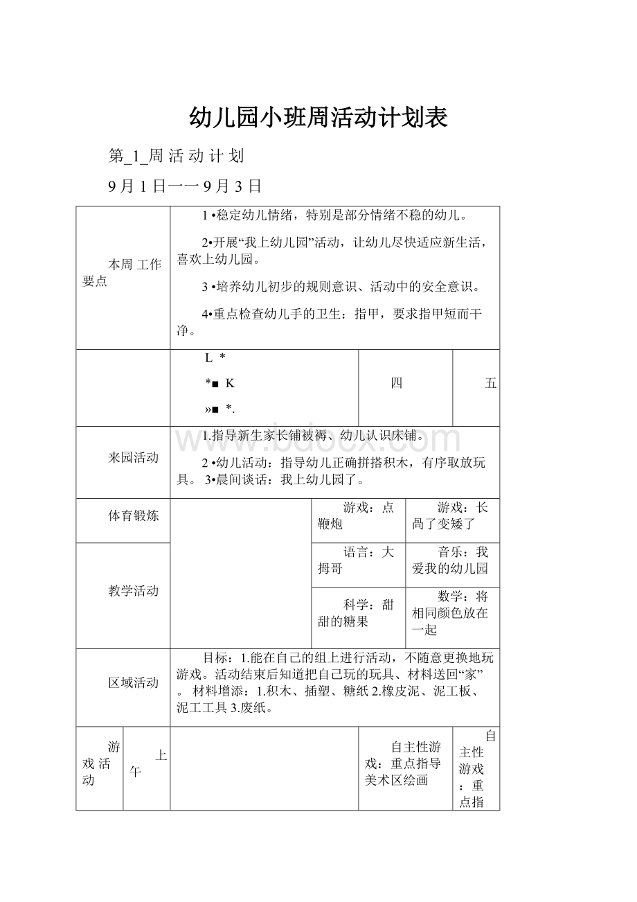 幼儿园小班周活动计划表.docx_第1页