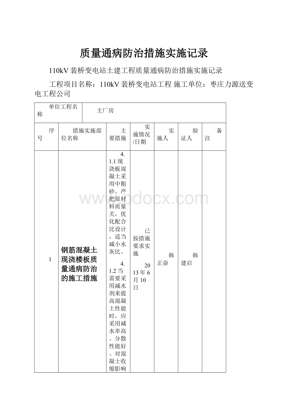 质量通病防治措施实施记录.docx_第1页