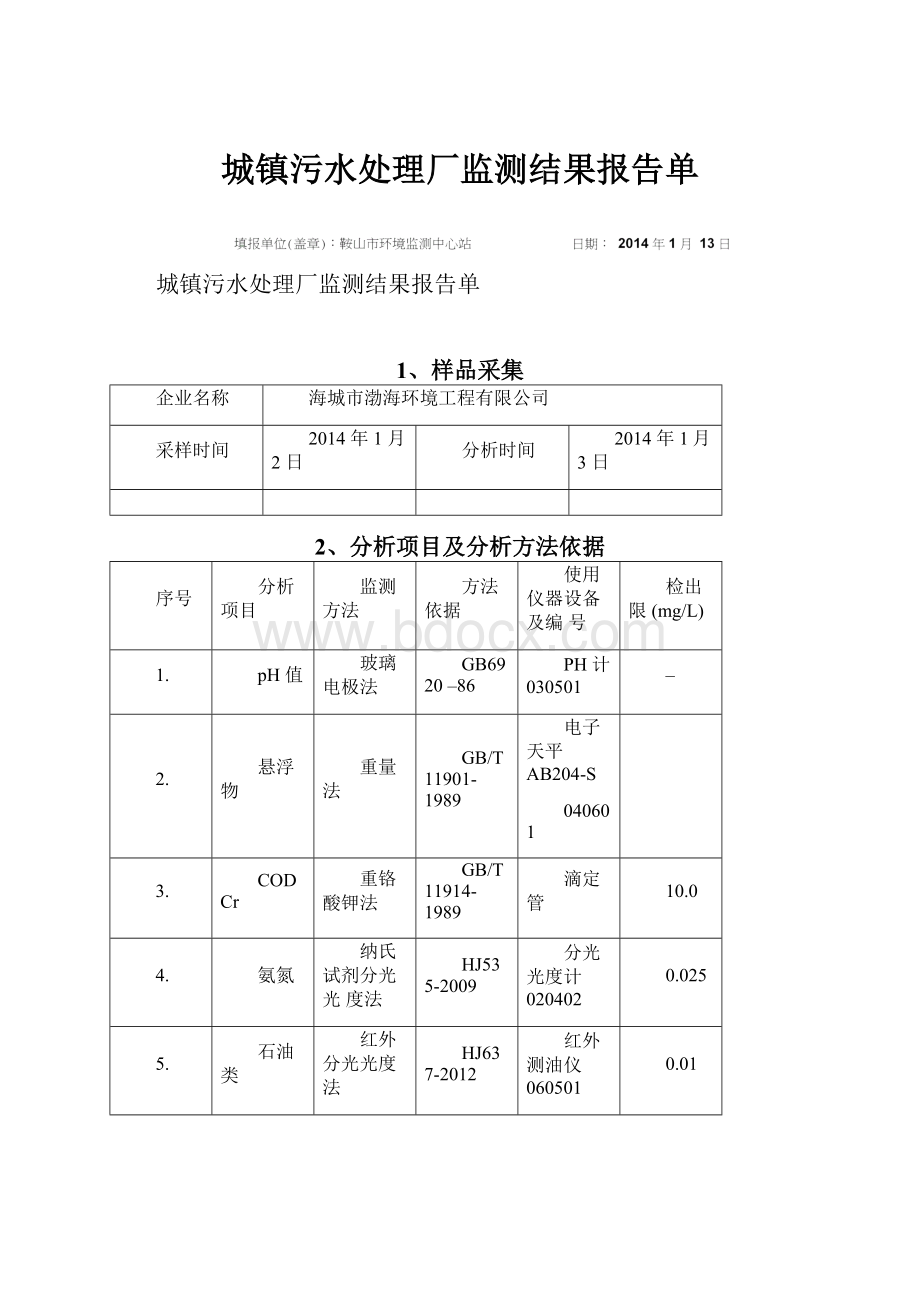 城镇污水处理厂监测结果报告单.docx_第1页