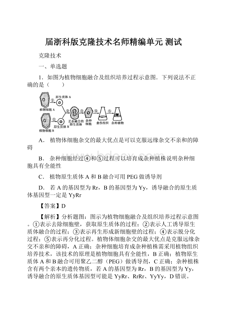 届浙科版克隆技术名师精编单元 测试.docx