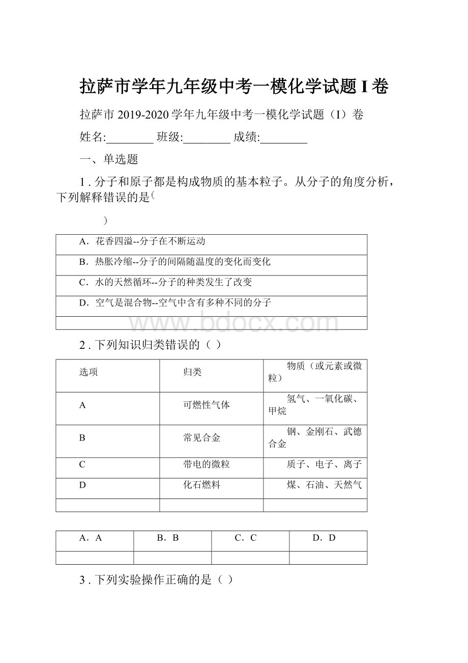 拉萨市学年九年级中考一模化学试题I卷.docx