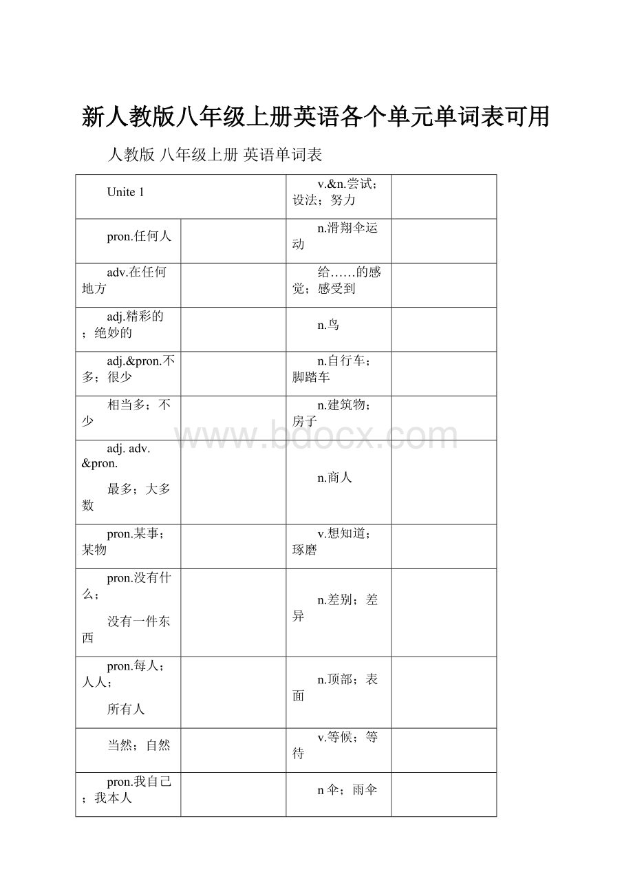 新人教版八年级上册英语各个单元单词表可用.docx_第1页