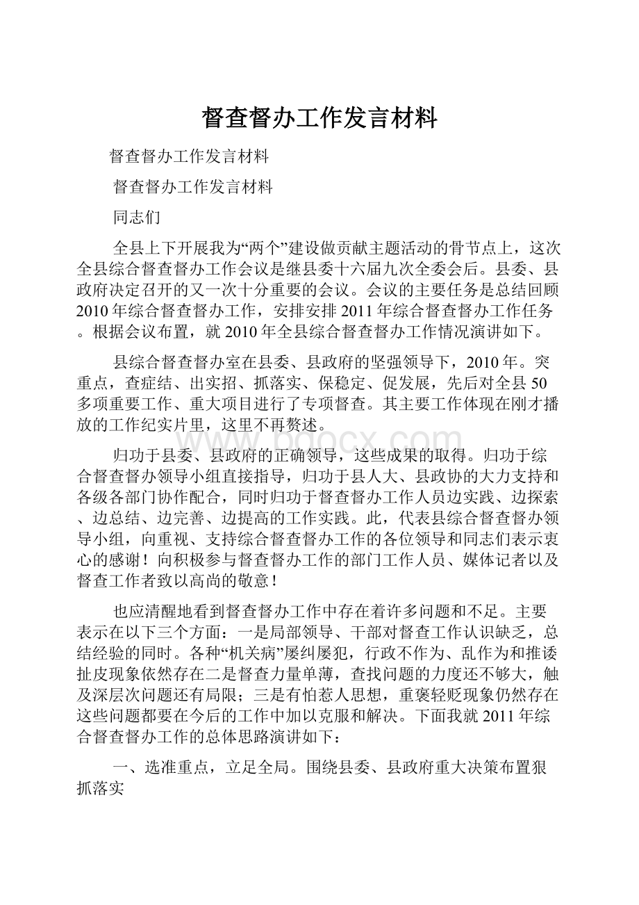 督查督办工作发言材料.docx